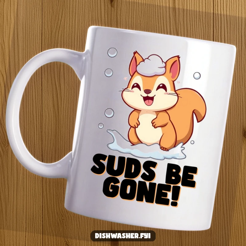 Funny playful squirrel character grinning while chasing soap suds on a mug, depicting energetic cleaning, perfect funny gift.