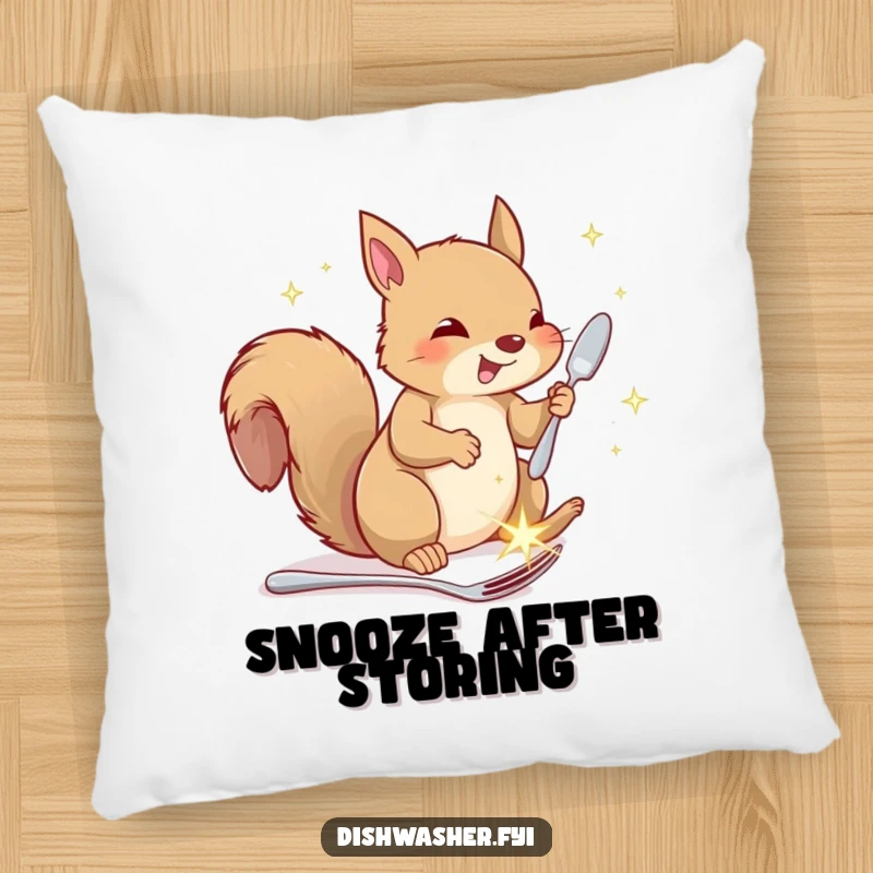 Funny squirrel pillow, showing a happy squirrel putting away sparkling cutlery, soft and humorous decor for animal lovers.