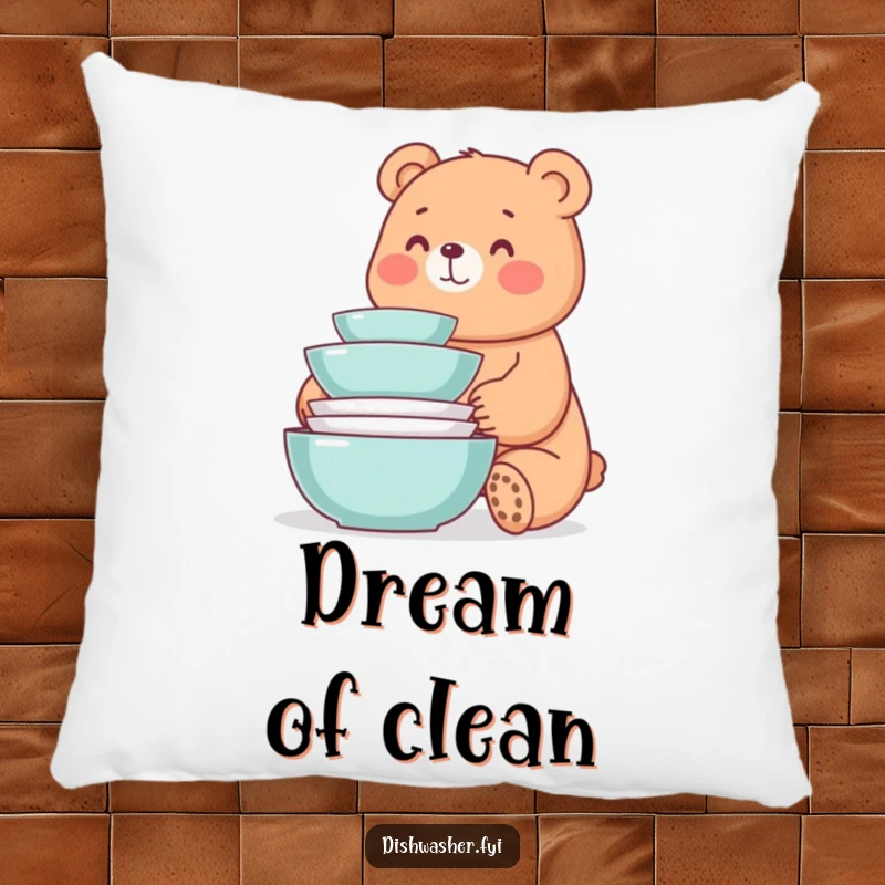 Funny pillow showcasing a whimsical bear smiling at a neat stack of freshly washed dishes, offering cozy comfort and humorous cheer.