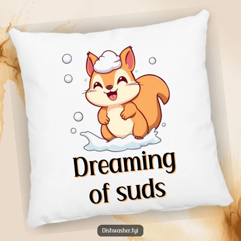 Funny playful squirrel character chasing soap suds on a plush decorative pillow, offering comfort and woodland humor, ideal funny gift.