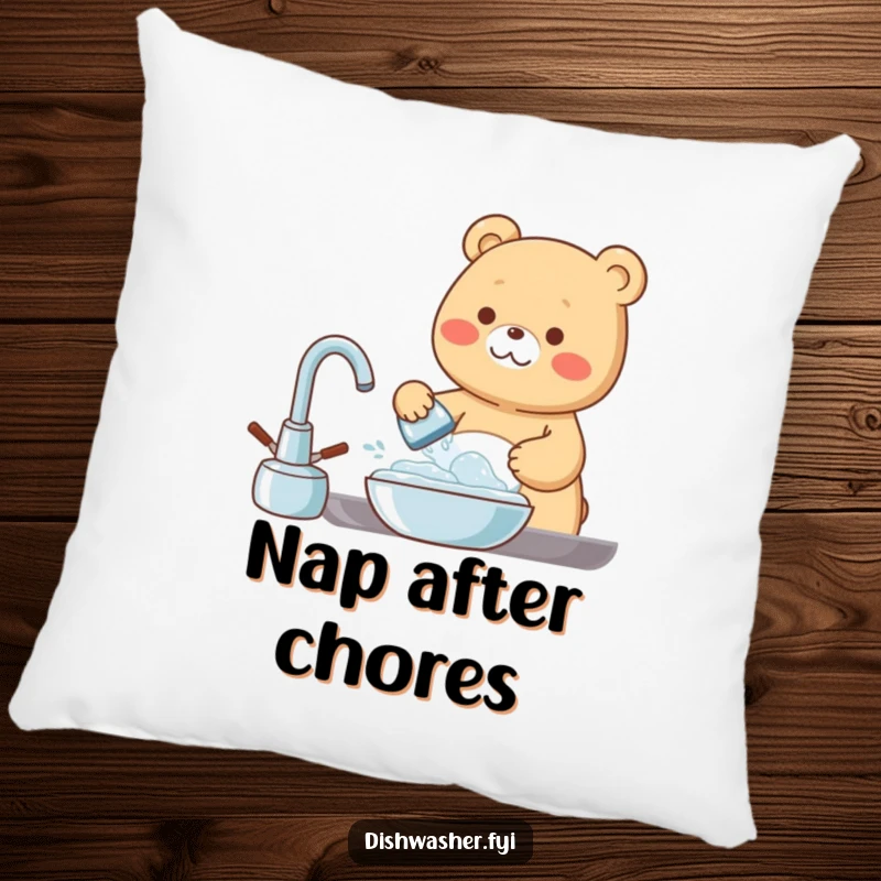Funny Pillow featuring a cute bear washing dishes with a happy, bubbly expression, adding cozy humor to any living space.