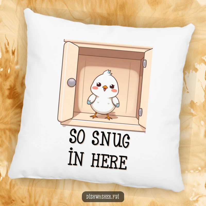 Funny pillow decor featuring a happy bird peeking out from a clean cupboard, adding a whimsical and cheerful touch to comfort.
