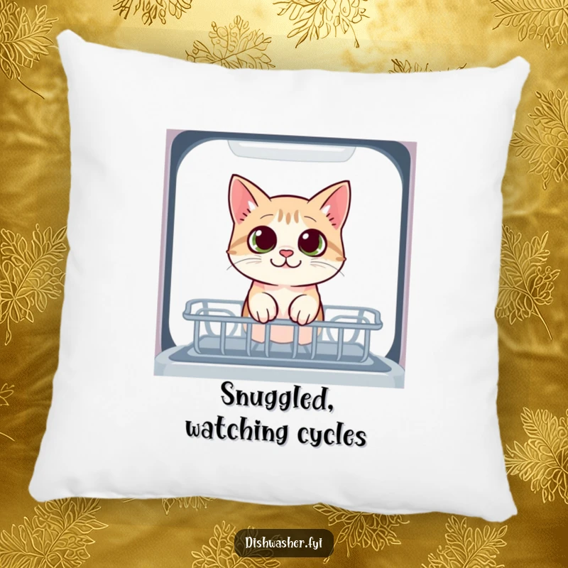 Funny cat pillow with a curious cat peeking into the dishwasher with wide eyes, offering comfort and a humorous take on feline observation.