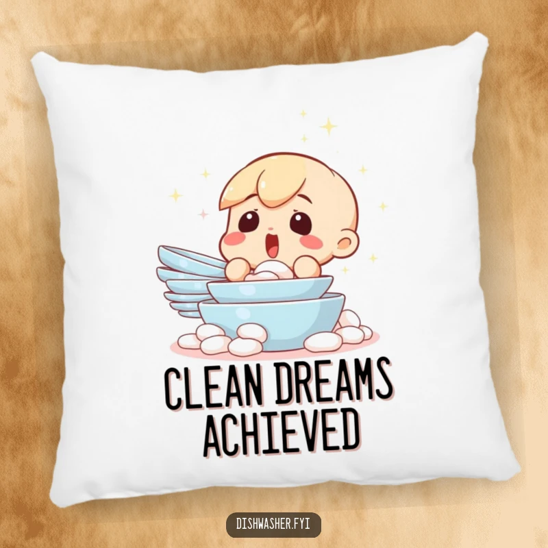 Funny pillow showcasing a surprised character looking in disbelief at a sparkling clean pile of dishes. Brings humor and comfort to any seating area.