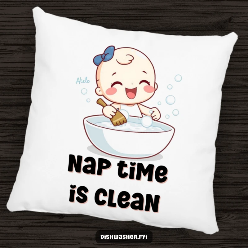 Funny pillow featuring a cheerful character gleefully scrubbing a sparkling dish with bubbles, providing a soft, humorous, and tidy accent.
