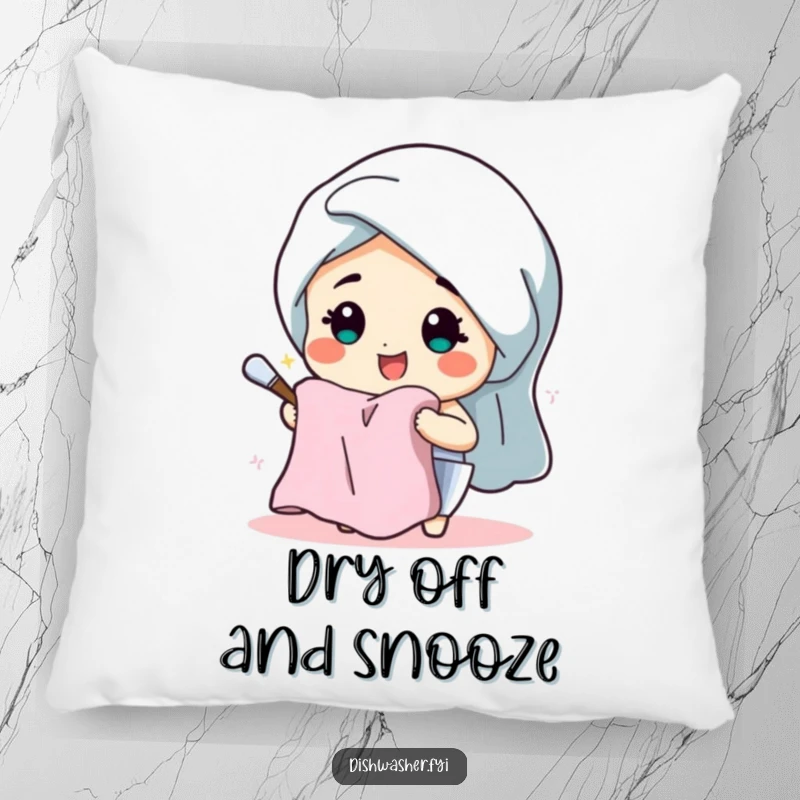 Funny pillow featuring a cheerful character beaming while drying dishes with a fluffy towel, adding a touch of cozy humor.