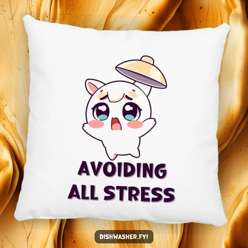 Funny character with wide eyes comically dodging a flying dish on a soft pillow, providing comfort and a humorous touch.