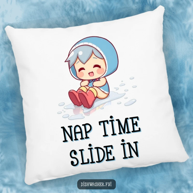 Funny pillow with a playful character sliding across a wet floor in rubber boots, a comical representation of slippery fun.