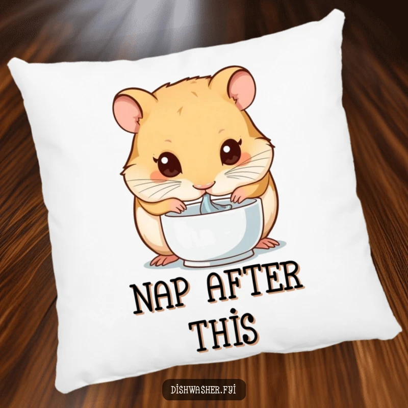 Funny pillow decor featuring a hamster with intense concentration, drying a small bowl, symbolizing a humorous dedication to cleanliness and comfort.