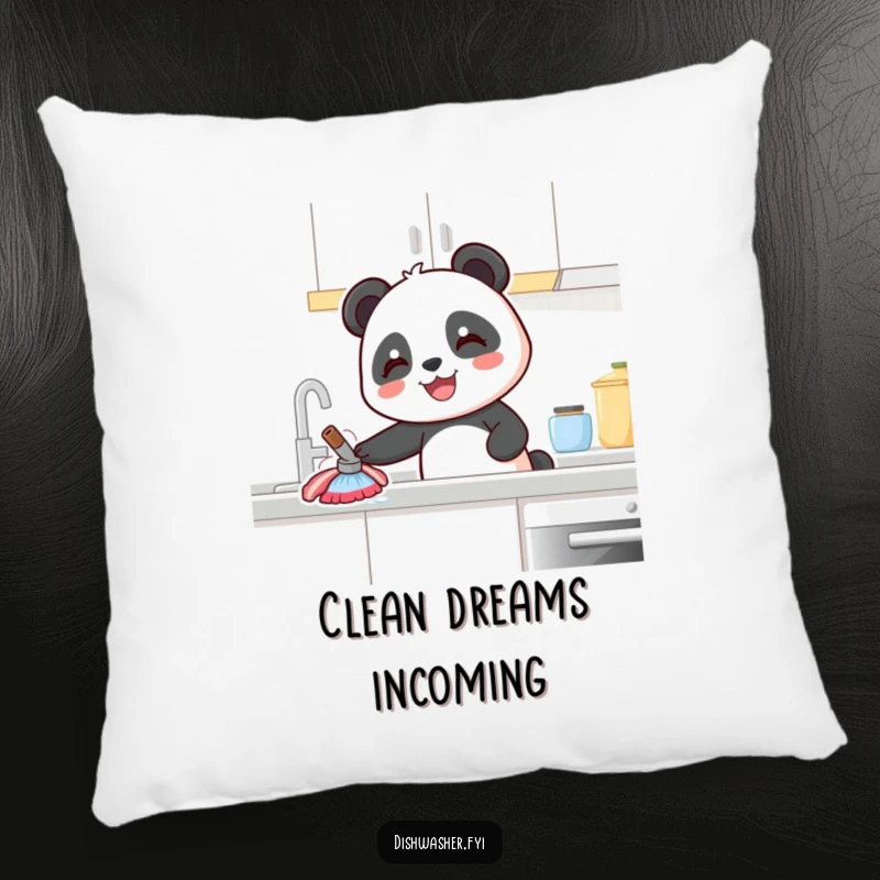 Funny Panda Pillow: A soft cushion featuring a happy panda character wiping a kitchen counter, designed for ultimate comfort and cheer.