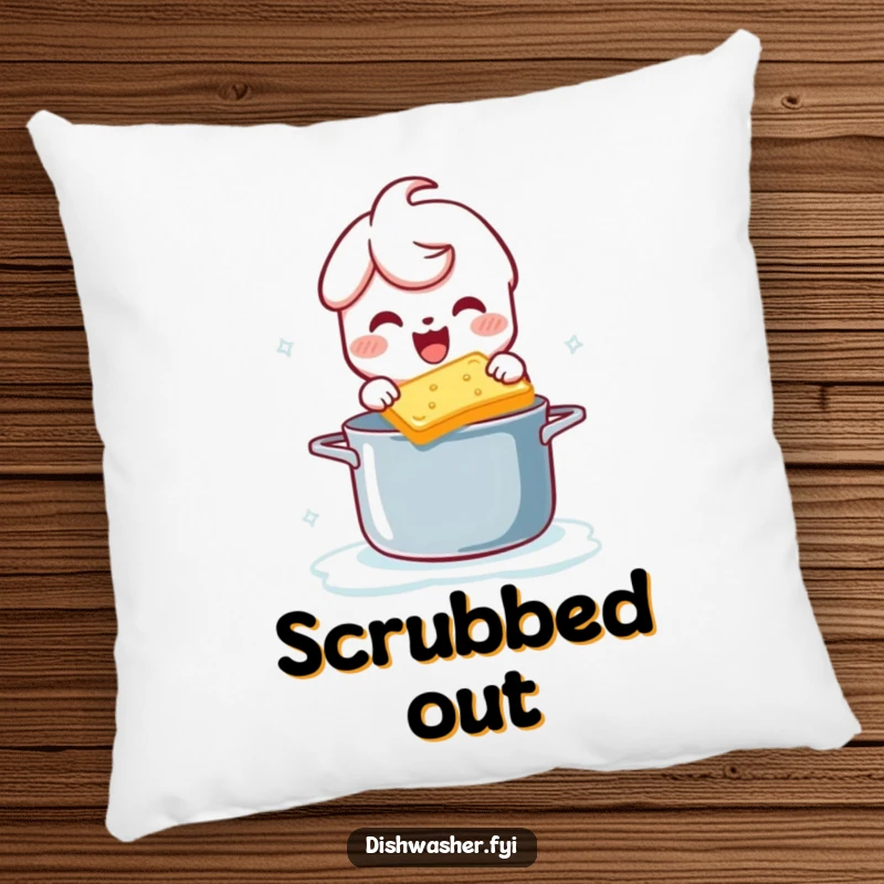Funny pillow showcasing a character scrubbing a pot with a bubbly sponge, offering comfort and a humorous touch.