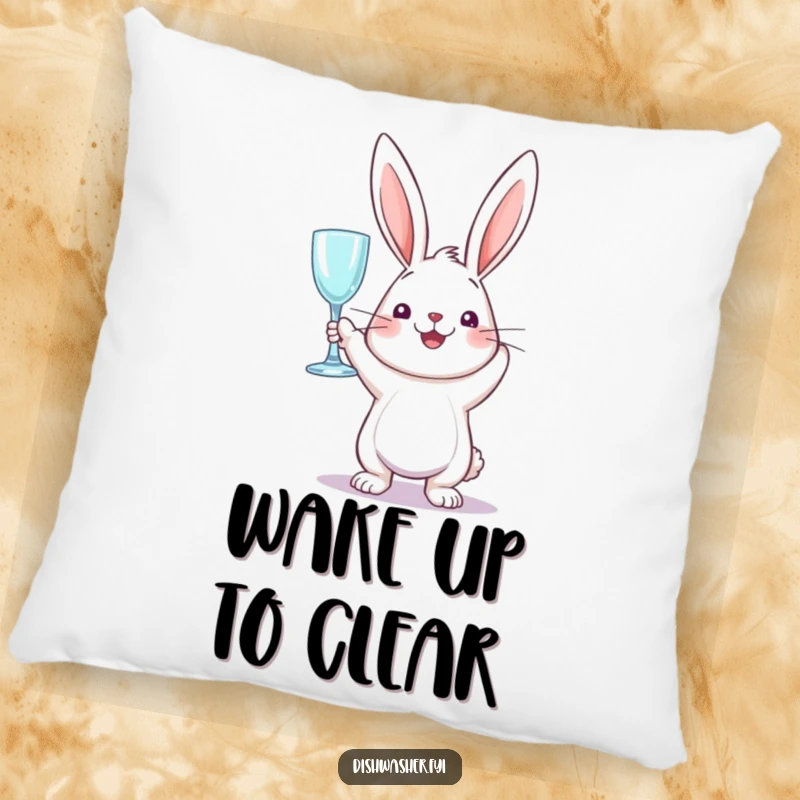 Funny pillow showcasing a perky rabbit triumphantly holding a sparkling clean glass, offering cozy comfort and humorous cheer.