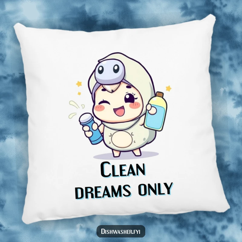 Funny pillow featuring a happy character energetically spraying cleaning liquid with a wink, providing a soft, humorous, and energetic accent.