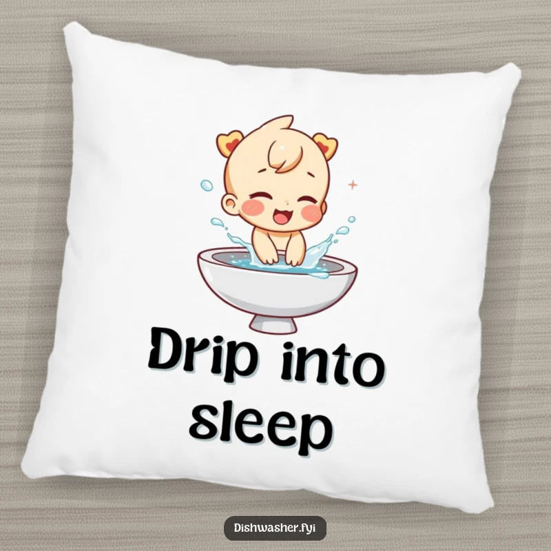 Funny pillow showcasing a giggling character playfully splashing water from a sink. Brings humor and comfort to any seating area or bed.