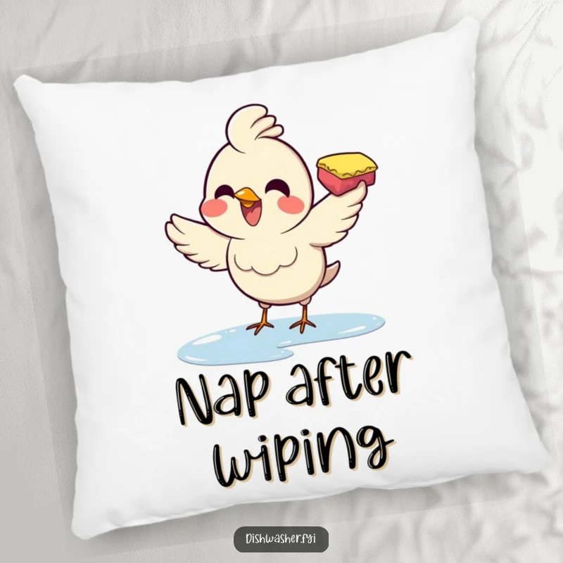 Funny pillow showcasing a joyful bird energetically wiping a surface with a sponge, offering cozy comfort and humorous cheer.