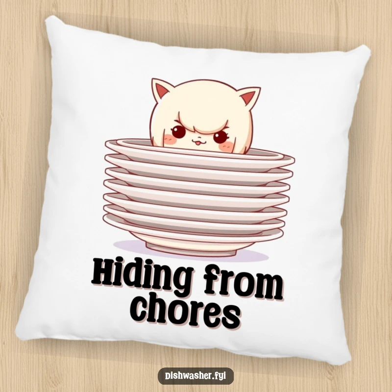 Funny pillow featuring a mischievous character hiding behind a stack of clean plates, offering cozy comfort and a playful symbol of hidden secrets.
