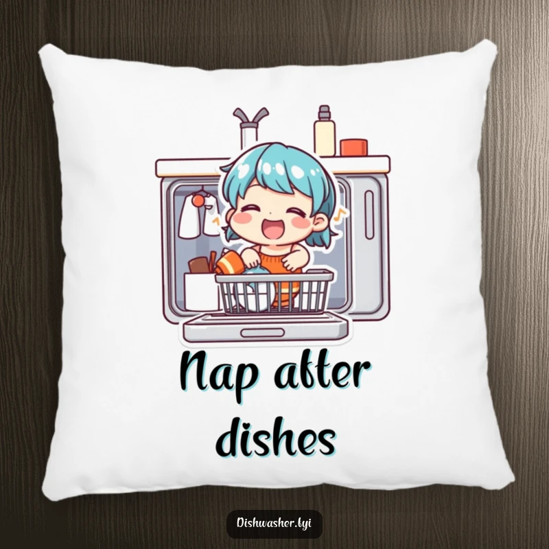 Funny pillow showcasing a happy character singing with gusto while loading a dishwasher, perfect for adding comfort and humor.