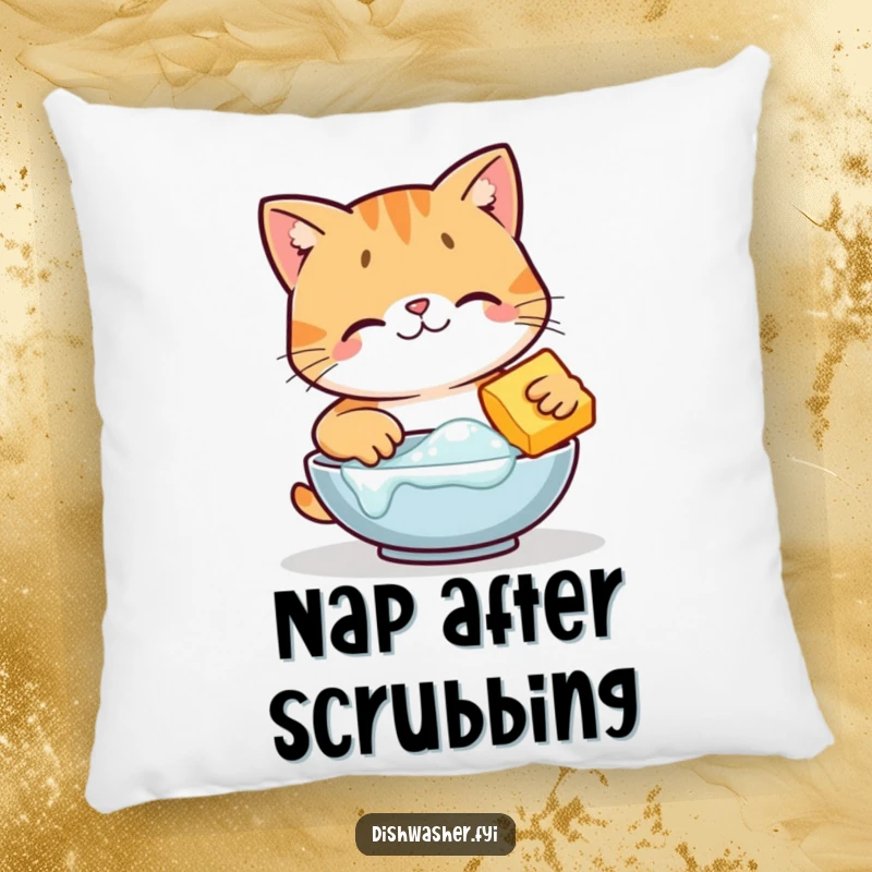 Funny happy cat character scrubbing a dish with bubbles on a plush decorative pillow, offering comfort and humor, ideal funny gift.