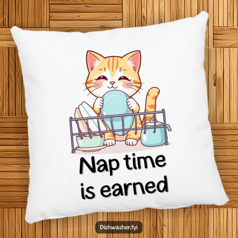 Funny cat pillow, showing a cute cat arranging clean dishes in a rack, soft and humorous home decor for cat lovers.