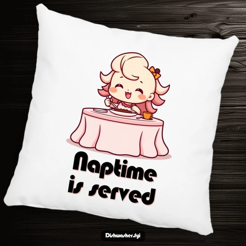 Funny beaming character setting a table with grace, smiling on a decorative pillow for home comfort.