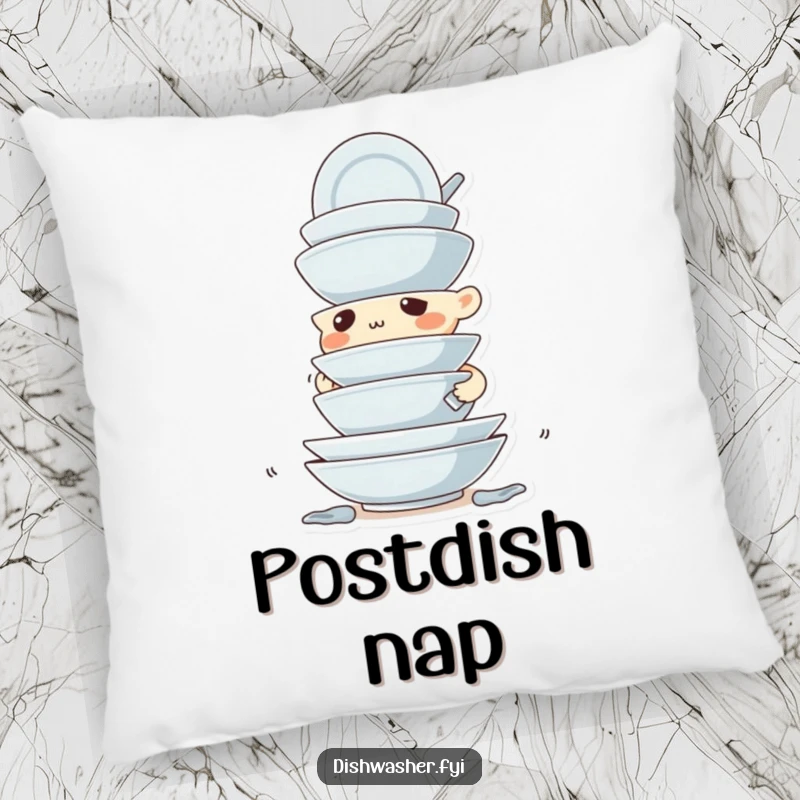 Funny pillow with a determined character expertly stacking dirty dishes with great precision, adding comfort and humor.