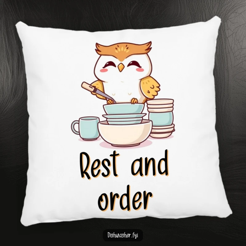 Funny Giggling Owl Pillow, showing a cheerful owl precisely stacking clean dishes, offering decorative humor and comfort.
