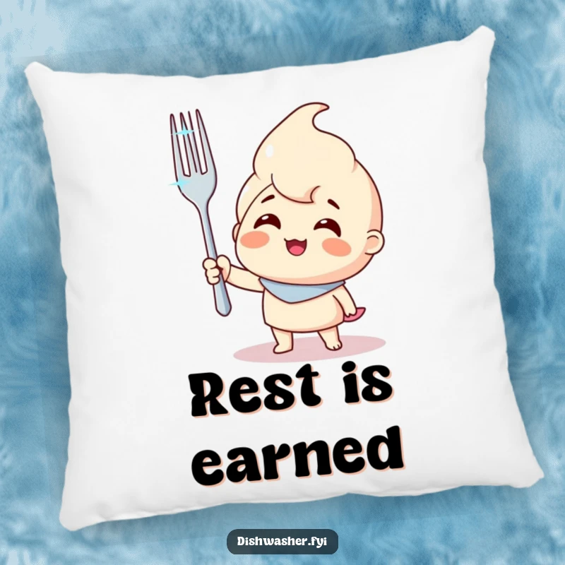 Funny pillow featuring a smiling character holding a sparkling clean fork, offering comfort and a humorous, triumphant decorative touch.