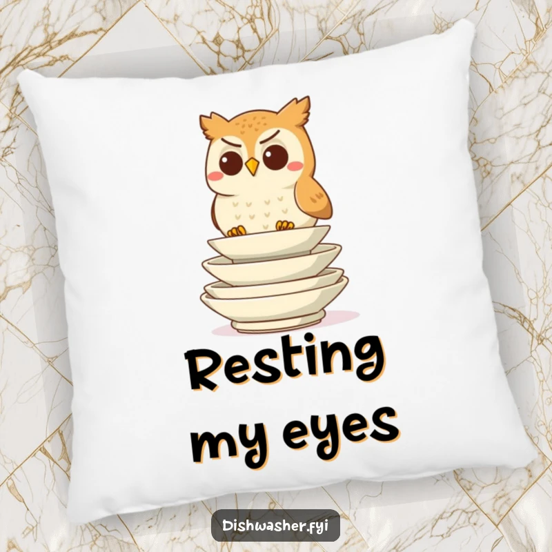 Funny determined owl character stacking plates on a plush decorative pillow, offering comfort and focused humor, ideal funny gift.