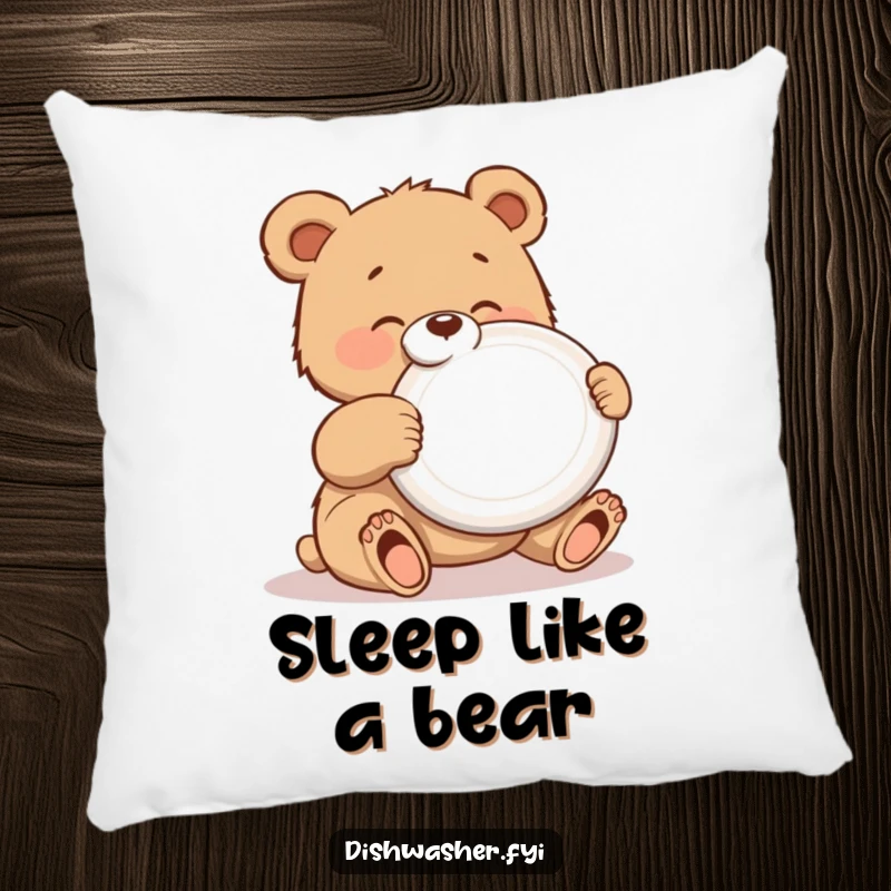Funny throw pillow featuring a gleeful bear cub polishing a shiny plate, perfect for adding comfort and a humorous, tidy accent to decor.