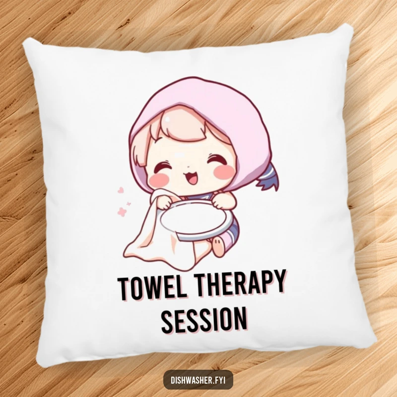 Funny pillow with a charming character humorously drying a plate, offering soft comfort and a splash of playful humor.