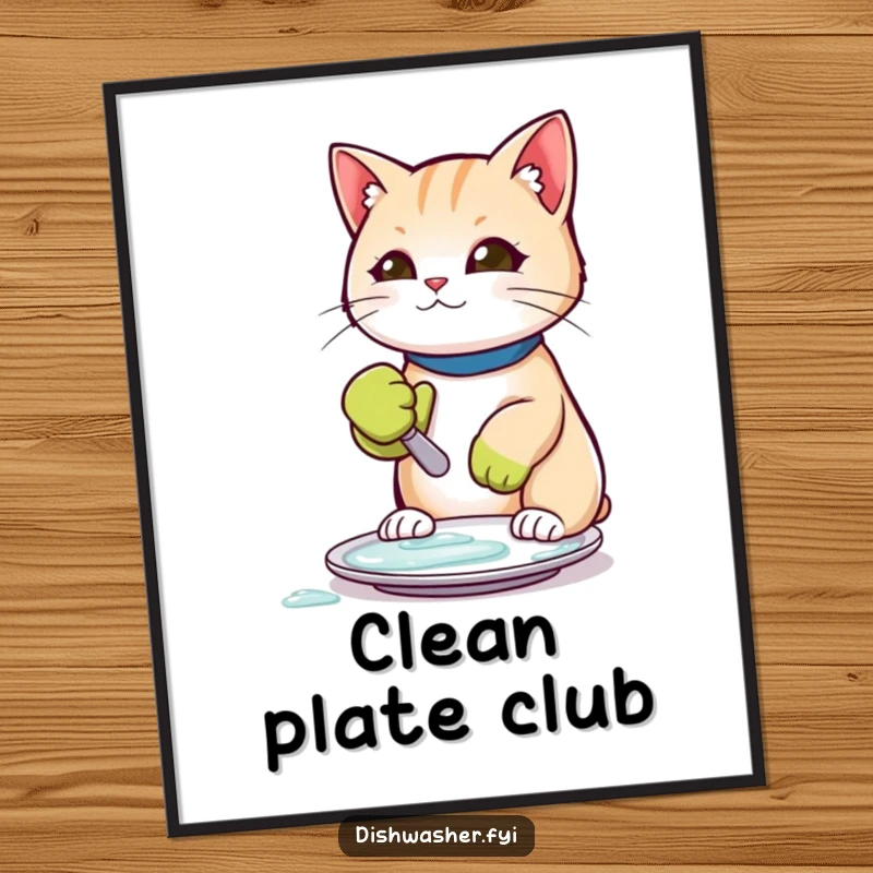 Funny digital art print of a cat in a rubber glove, scrubbing a plate clean with humorous dedication and charm.
