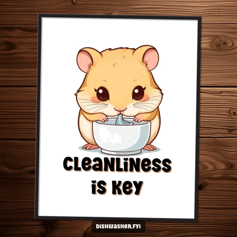 Funny digital art print of a hamster with extreme concentration, drying a small bowl, a humorous representation of tidiness and dedication.