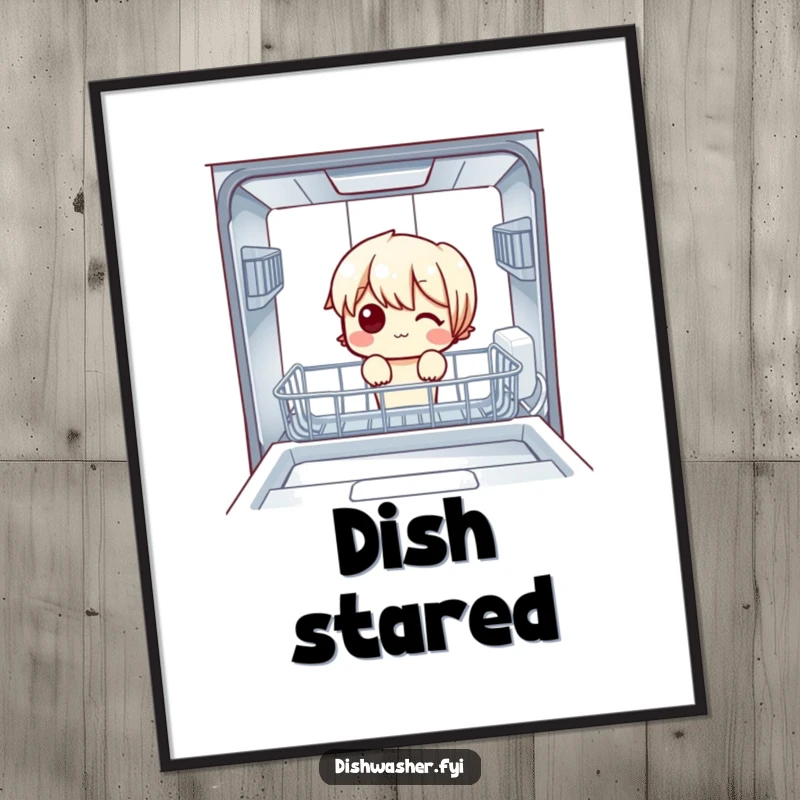 Funny Digital Art Print: A character peering into an empty dishwasher, a humorous and intriguing piece for immediate digital or physical display.