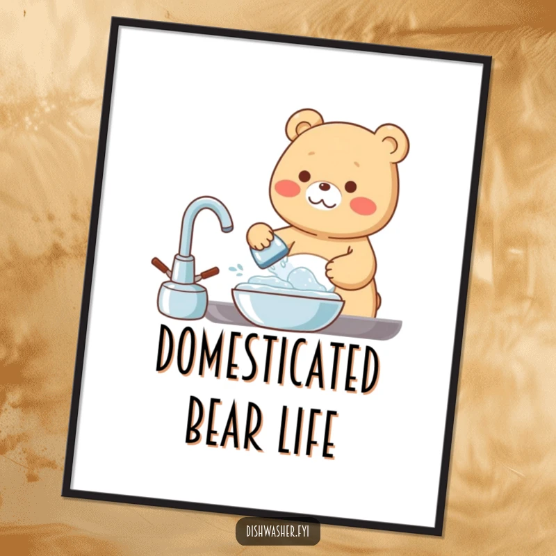 Funny Digital Art Print of a cheerful bear character happily washing dishes with a bubbly expression, perfect for adding clean, humorous decor.