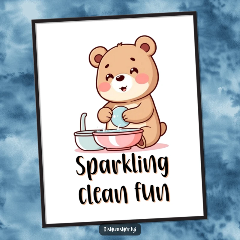 Funny bear digital art print of a happy bear character washing dishes with abundant bubbles, bringing instant clean humor to any space.