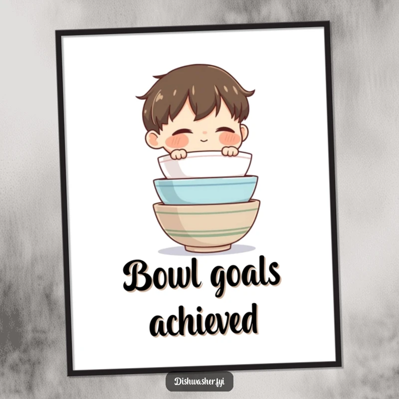 Funny Bowl Master Digital Art Print of a character admiring clean bowls, ready to be printed for instant domestic bliss and humor.