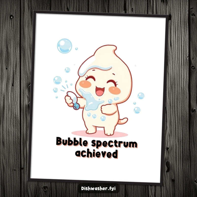 Funny digital art print of a happy character gleefully spraying a large cloud of dish soap bubbles with an infectious smile.