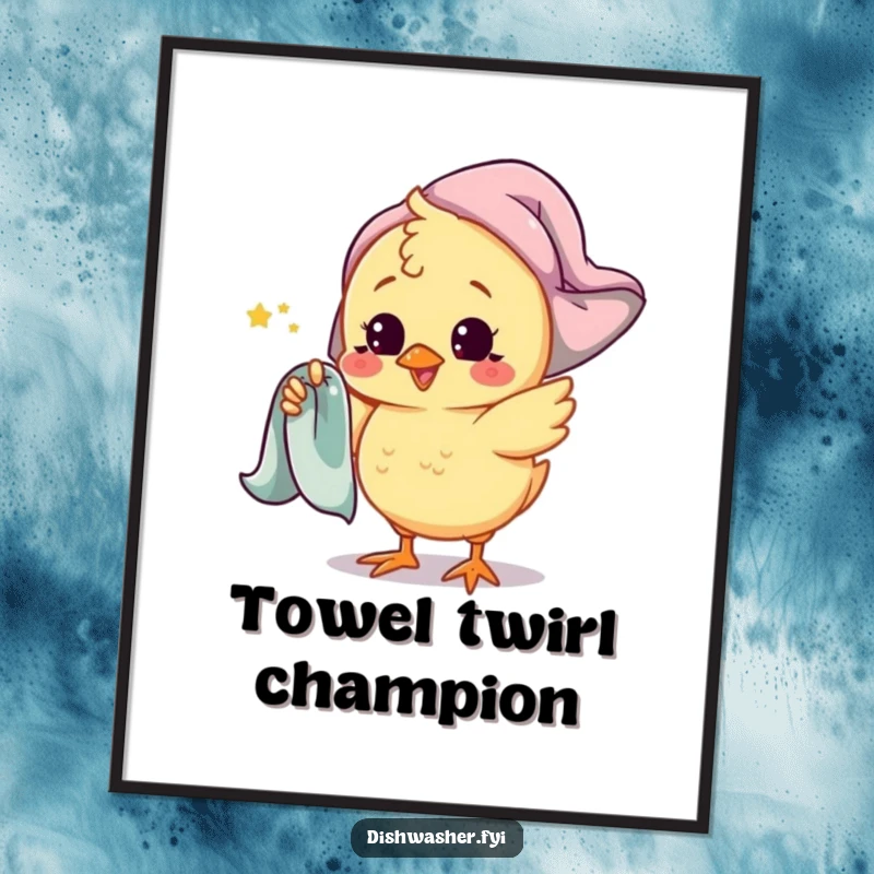 Funny chick digital art print featuring a playful chick character spinning a drying towel around its finger, ideal for instant cute decor.