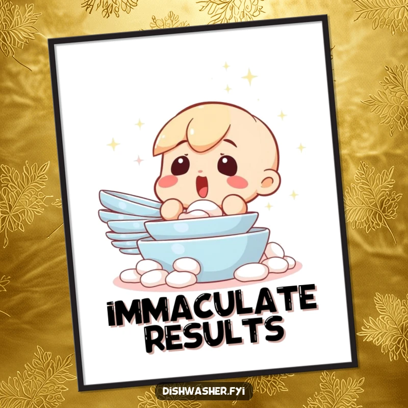 Funny digital art print of a surprised character gazing at a sparkling clean pile of dishes. Instant downloadable humor for any wall.