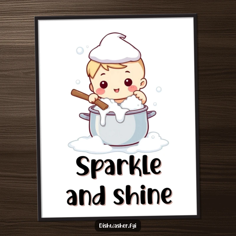 Funny digital art print of a cute character scrubbing a large pot with soapy bubbles, a humorous and charming printable.