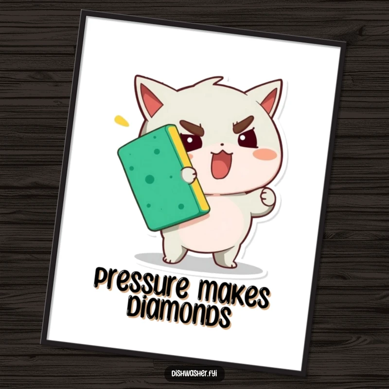 Funny digital art print of a determined character squeezing a sponge with all its might, a humorous depiction of effort.