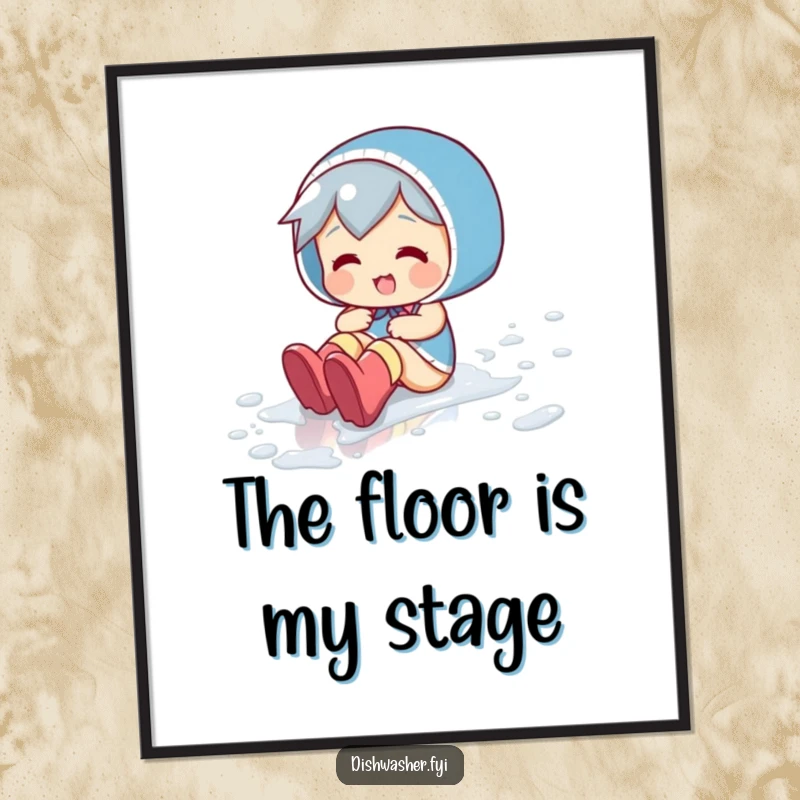 Funny digital art print of a playful character joyfully sliding across a wet floor in rubber boots, a comical depiction of fun.