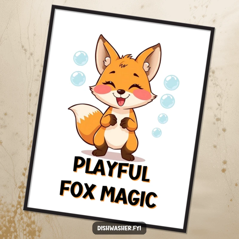 Funny Digital Art Print of a mischievous fox character juggling soap bubbles with playful glee, perfect for adding whimsical, humorous decor.