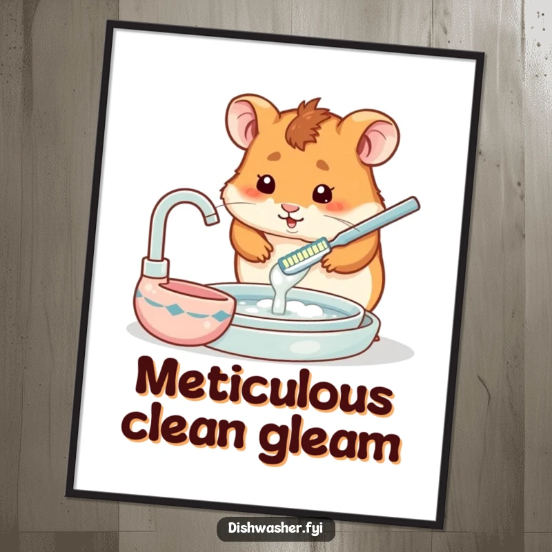 Funny digital art print of a hamster using a tiny toothbrush to wash dishes, ready to be printed and displayed.