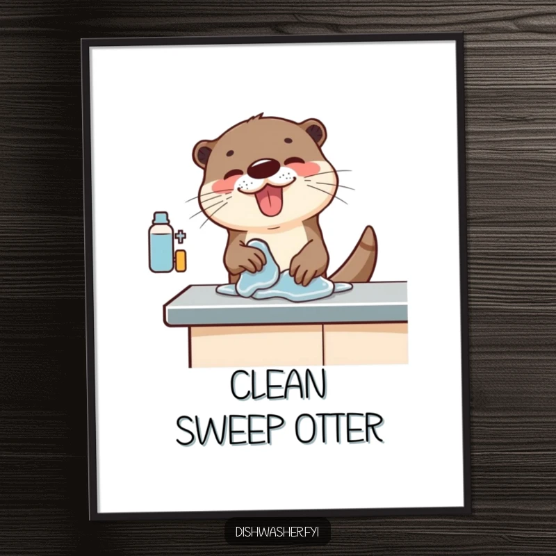 Funny digital art print of an otter with great enthusiasm, energetically wiping a counter, representing vibrant cleaning and joyful humor.