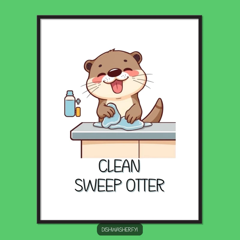 Funny Otter Cleaning Digital Art: High-Resolution Image of Energetic Counter Scrubbing, A Unique Funny Gift for Art Lovers