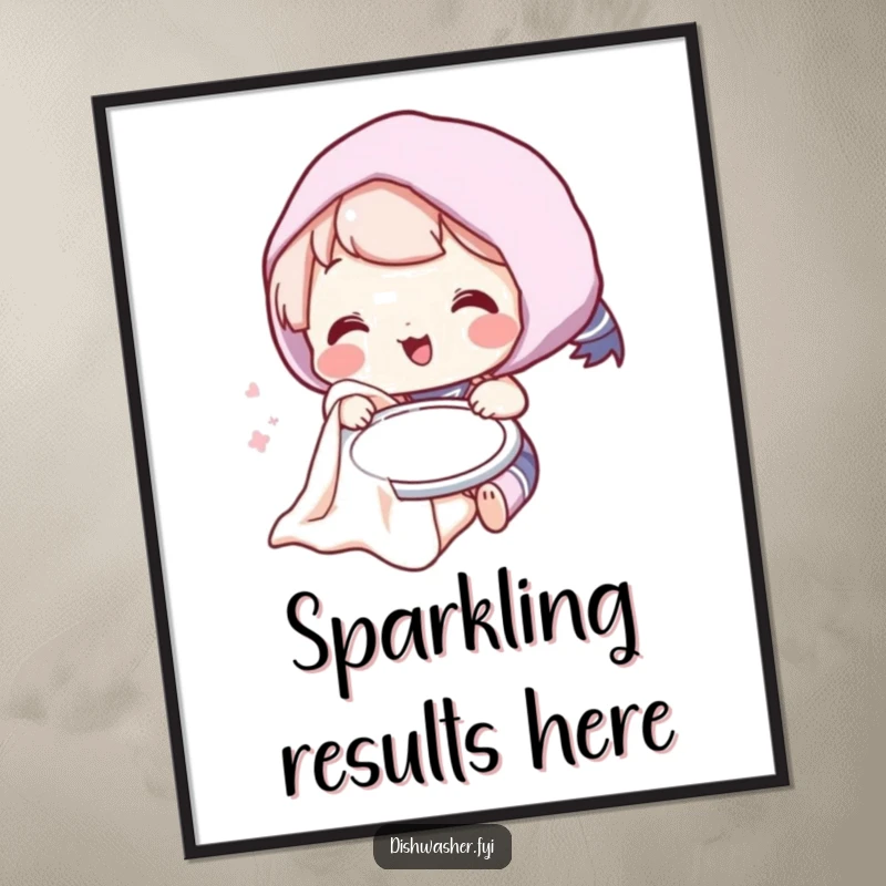 Funny digital art print of a playful character humorously drying a plate, perfect for adding instant whimsical humor to any room.