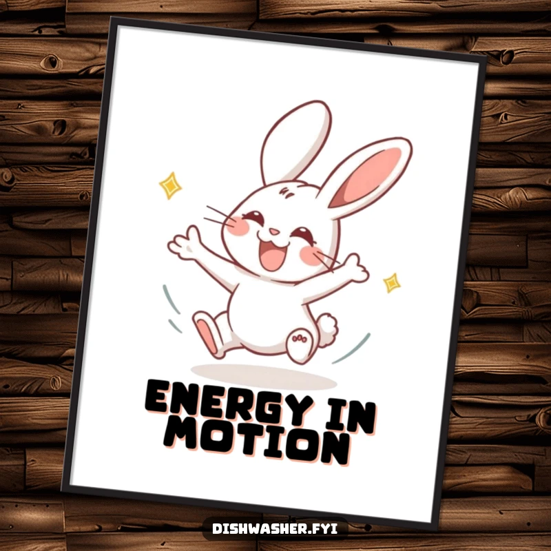 Funny rabbit digital art print of a joyous rabbit character drying plates with swift, energetic motion, bringing instant speed and humor to any room.
