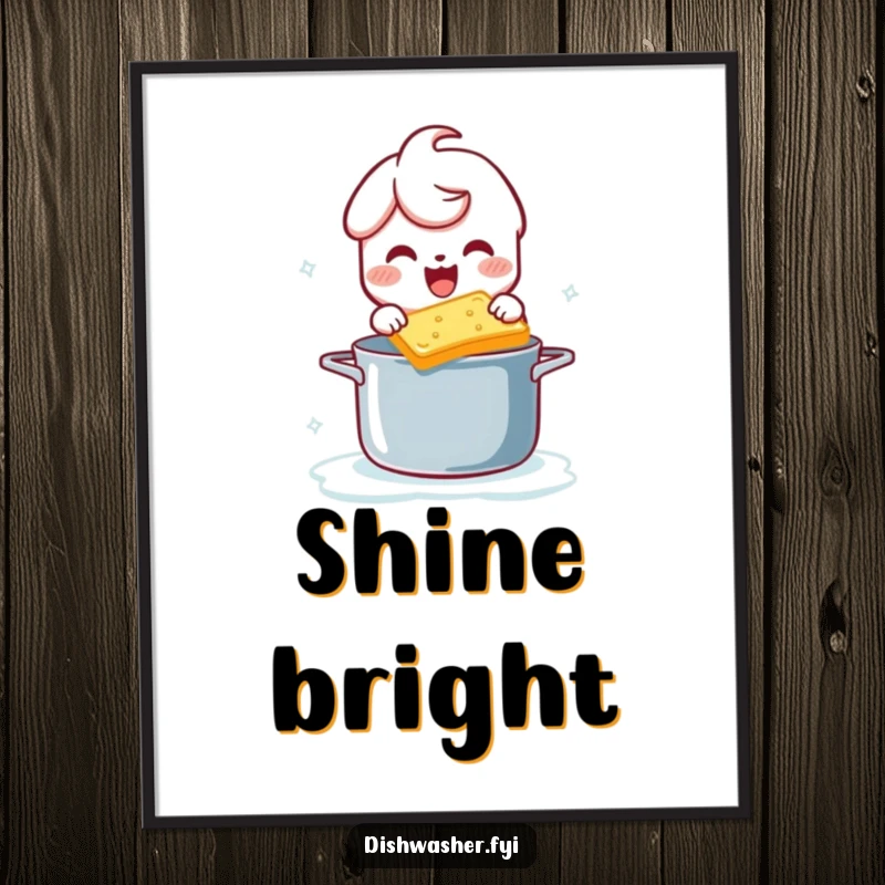 Funny digital art print of a character gleefully scrubbing a pot with a bubbly sponge, capturing a moment of clean fun.