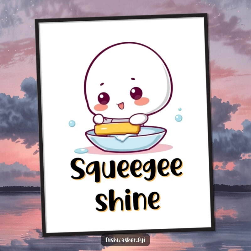 Funny digital art print of a playful character using a squeegee to make a dish gleam, perfect for wall decor.